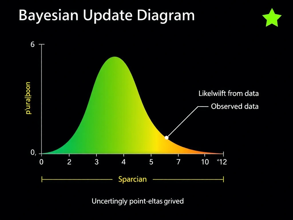 Bayesian update diagram: prior distribution curve, likelihood from data, posterior distribution curve; labels for parameters θ, observed data, and uncertainty bands; contrast with a single point-estimate star.