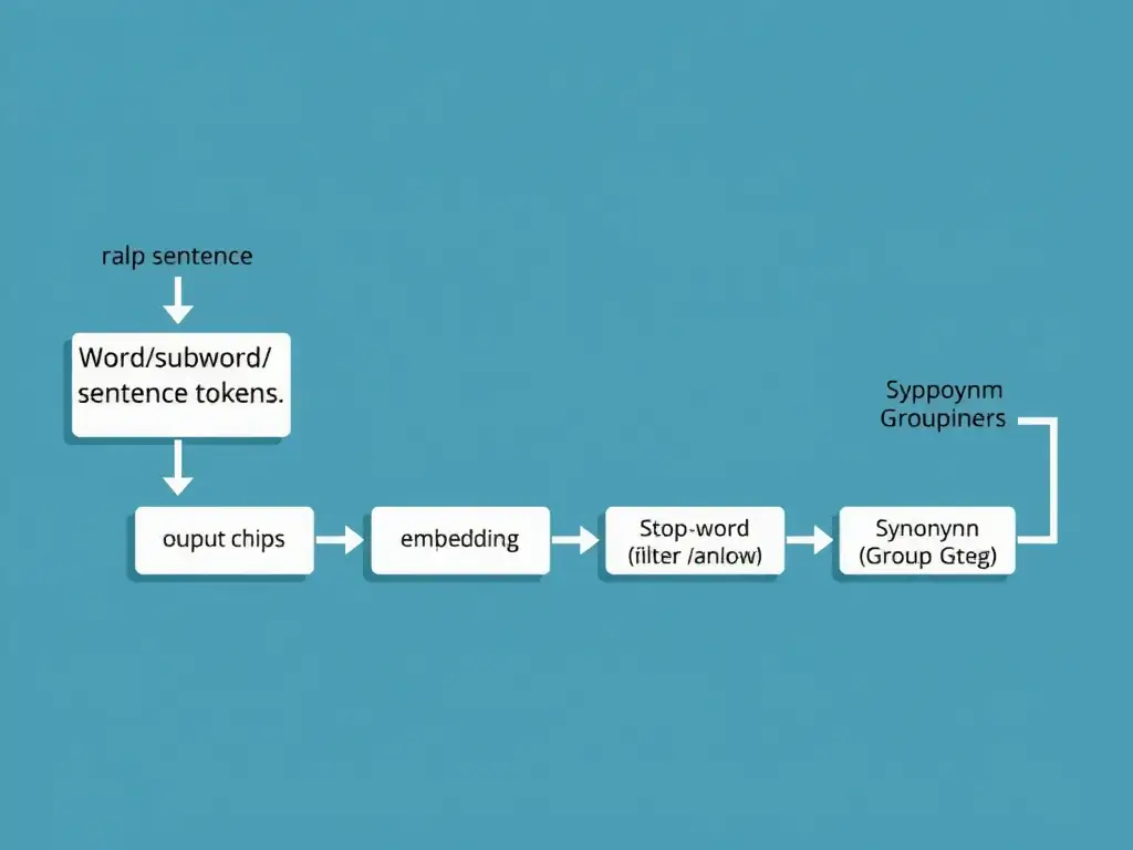 NLP pipeline strip: raw sentence flowing into a tokenizer block, output chips labeled word/subword/sentence tokens, then arrows to embedding and model stages; side notes distinguishing stop-word filter and synonym grouping as separate steps.