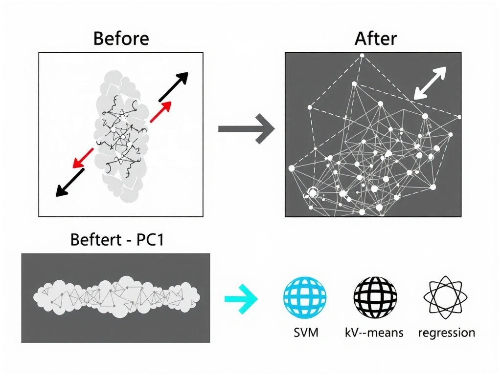 2D scatter of elongated cloud with arrows for principal components PC1 and PC2; before/after panels showing high-D feature vector shrinking to a few components; icons labeling k-means, SVM, and regression as different task types.