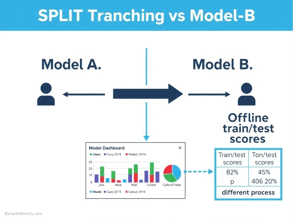 Split traffic diagram: users branching to Model A and Model B, metrics dashboard comparing KPIs, winner arrow; small side panel contrasting offline train/test scores as a different process.