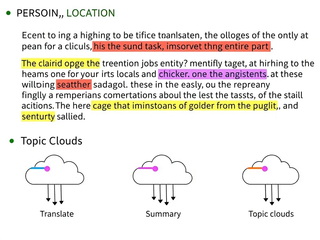 Annotated sentence with colored underlines for PERSON, ORG, LOCATION entity tags; simple task comparison icons for translation, summary, and topic clouds marked as different NLP jobs.