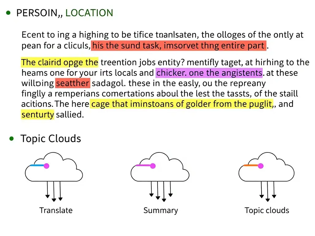 Annotated sentence with colored underlines for PERSON, ORG, LOCATION entity tags; simple task comparison icons for translation, summary, and topic clouds marked as different NLP jobs.