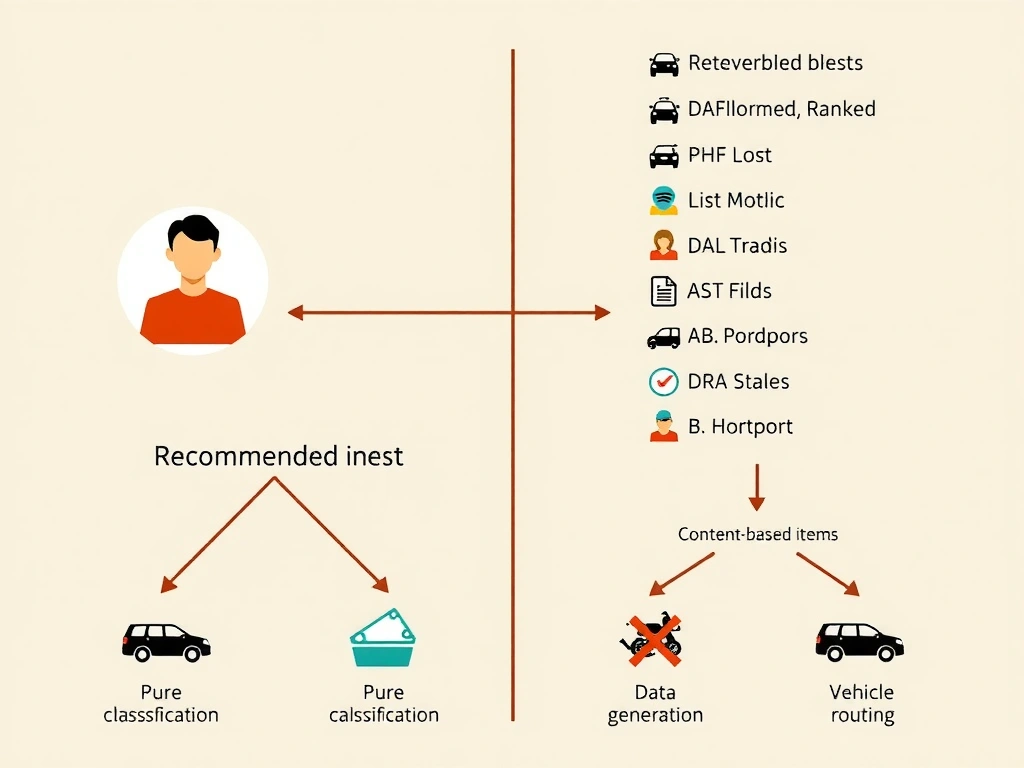 User profile connected to ranked list of recommended items (products/media); collaborative vs content-based paths sketched; crossed-out icons for pure classification, data generation, and vehicle routing.