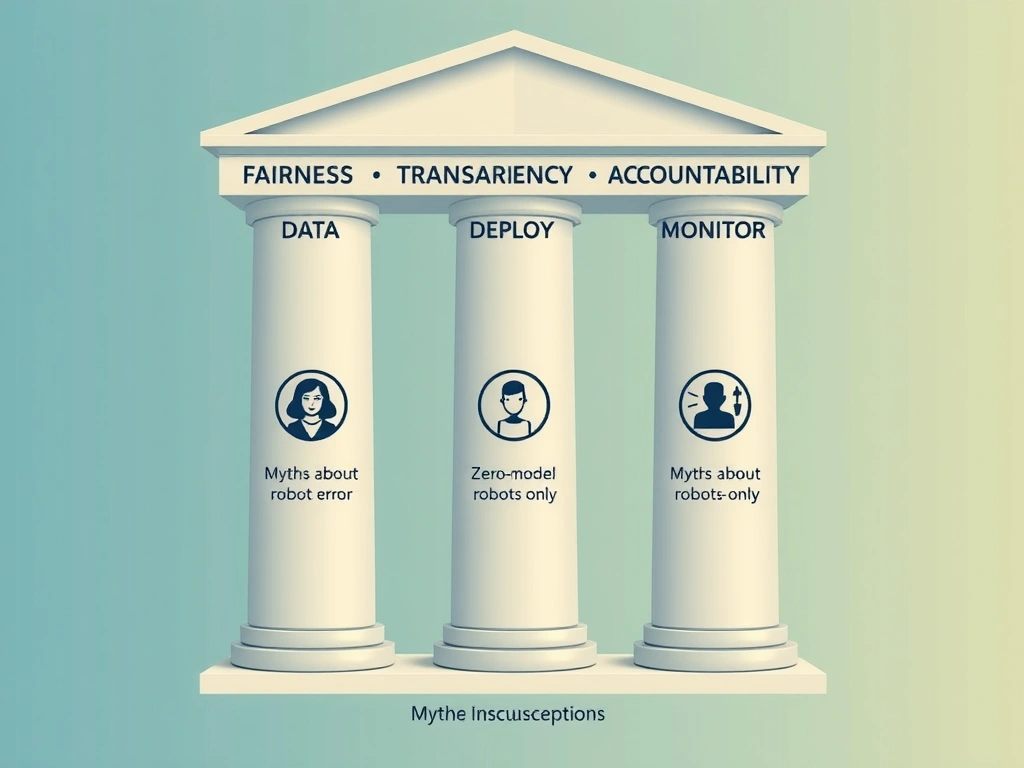 Pillars labeled fairness, transparency, accountability under an AI system lifecycle (data → model → deploy → monitor); stakeholders and audit trail icons; myths about zero-error and robots-only shown as misconceptions.