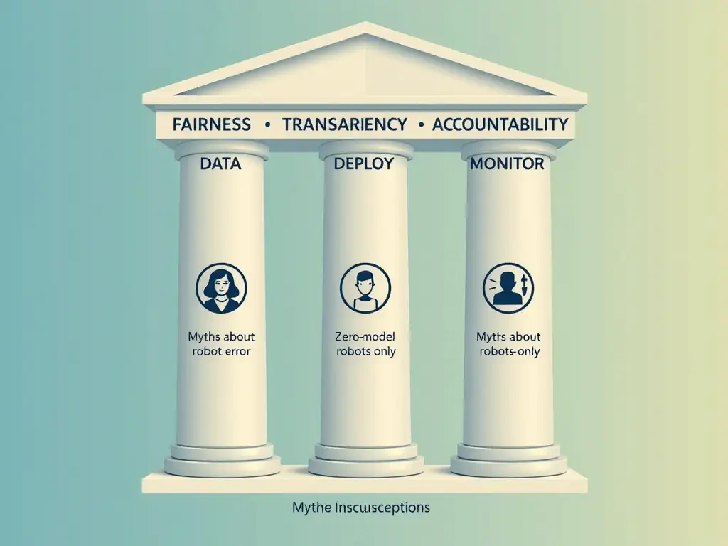 Pillars labeled fairness, transparency, accountability under an AI system lifecycle (data → model → deploy → monitor); stakeholders and audit trail icons; myths about zero-error and robots-only shown as misconceptions.