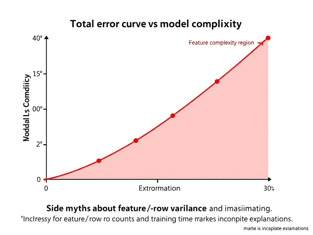 U-shaped total error curve vs model complexity with bias decreasing and variance increasing; annotation of optimal complexity region; side myths about feature/row counts and training time marked as incomplete explanations.
