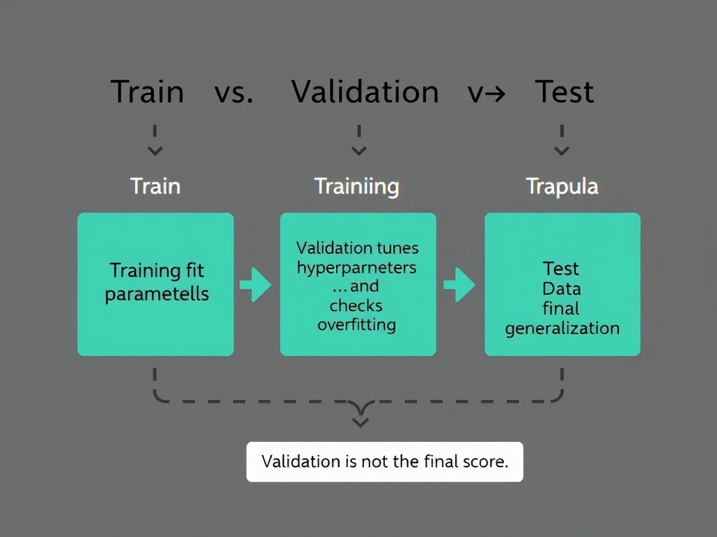 Train vs validation vs test roles: training fits parameters; validation tunes hyperparameters and checks overfitting; test gives final generalization; arrows showing data flow and a note that validation is not the final score