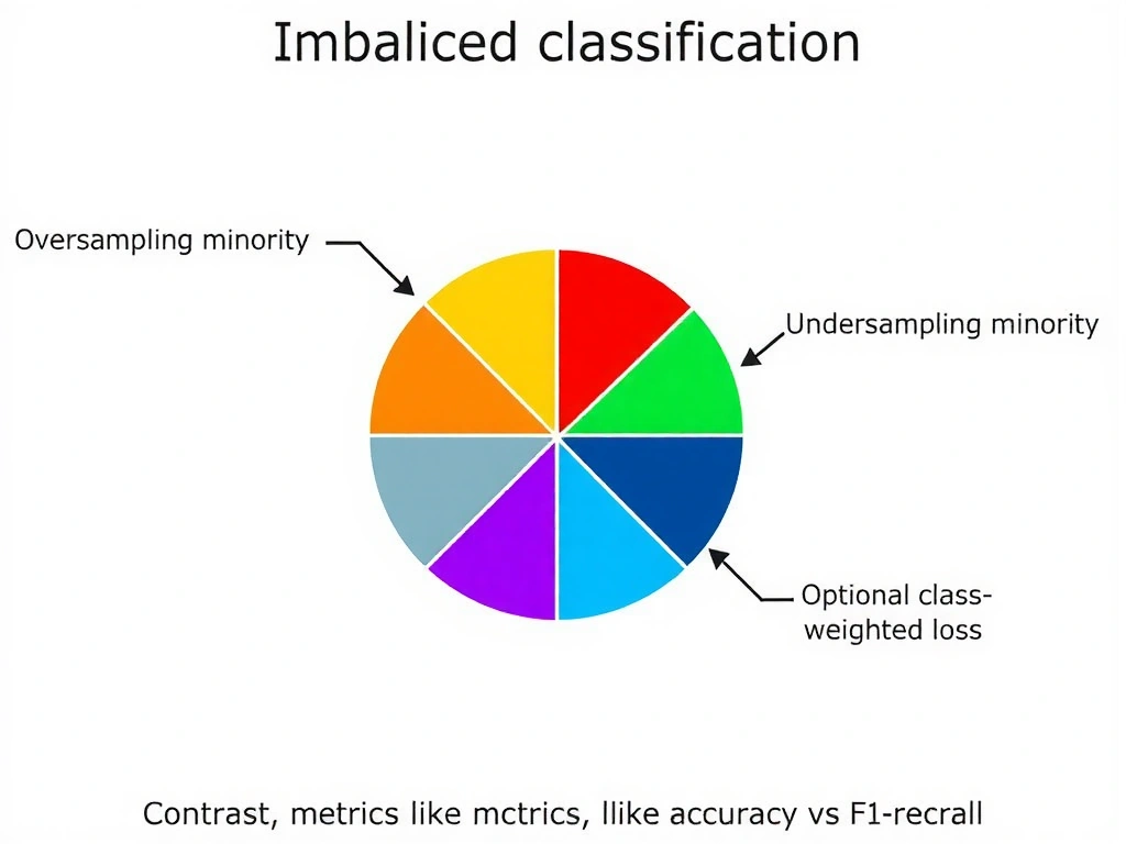 Imbalanced classification: pie chart majority vs minority; arrows to oversampling minority, undersampling majority, optional class-weighted loss; contrast with metrics like accuracy vs F1/recall