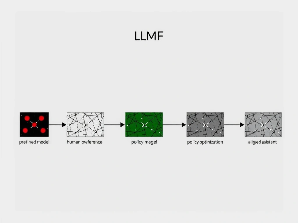 RLHF pipeline for LLMs: pretrained model → human preference comparisons → reward model → policy optimization → aligned assistant; contrast boxes for robotics RL, diffusion image gen, supervised classification