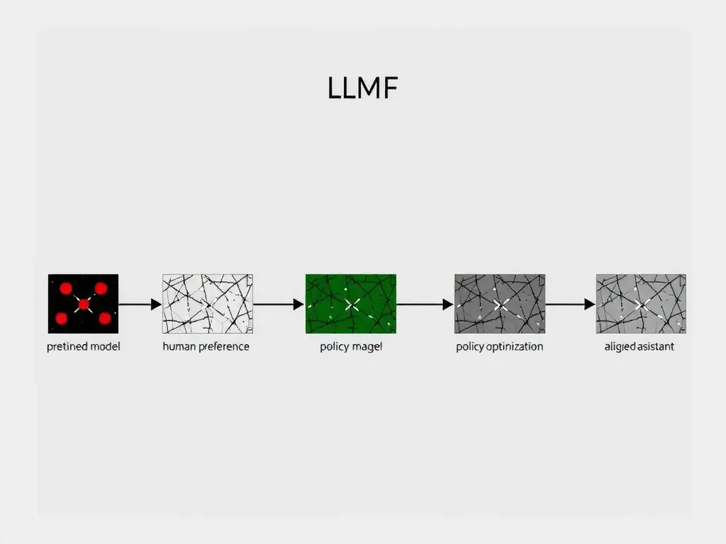 RLHF pipeline for LLMs: pretrained model → human preference comparisons → reward model → policy optimization → aligned assistant; contrast boxes for robotics RL, diffusion image gen, supervised classification