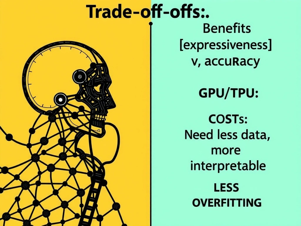 Trade-offs of deep neural nets: benefits (expressiveness, accuracy) vs costs (GPU/TPU hours, training duration, energy); myths crossed out: needs less data, more interpretable, less overfitting