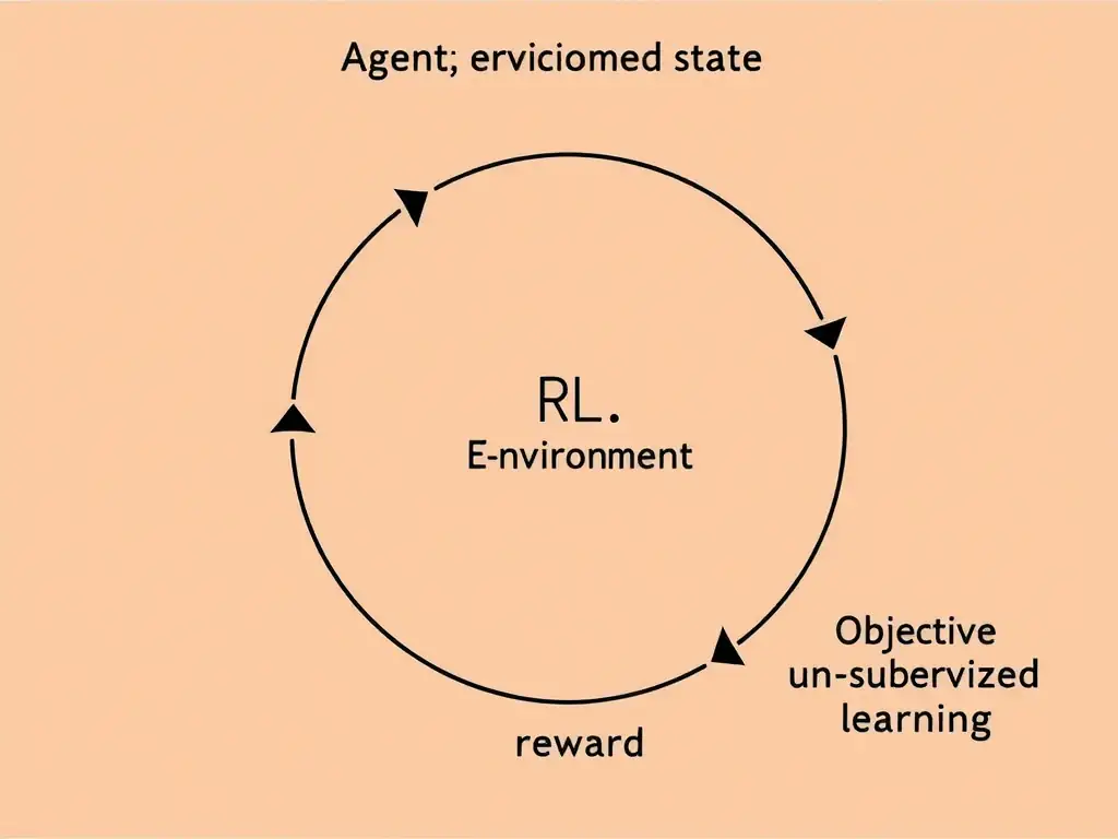 RL loop diagram: agent, environment, state, action, reward; objective maximize cumulative reward; side comparison to supervised and unsupervised learning