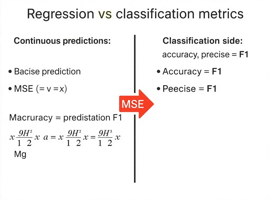 Regression vs classification metrics: continuous predictions with residual and MSE formula; classification side with accuracy, precision, F1; arrow highlighting MSE for regression