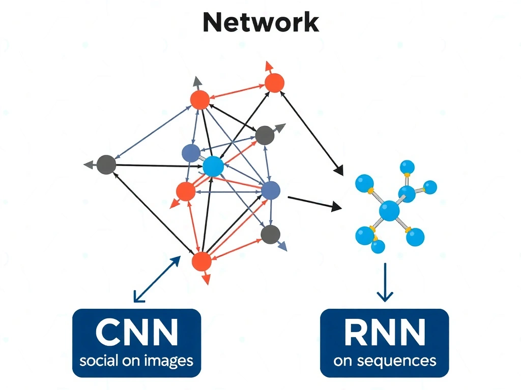Graph neural network concept: nodes and edges with message-passing arrows; example domains social network and molecule; contrast icons for CNN on images and RNN on sequences