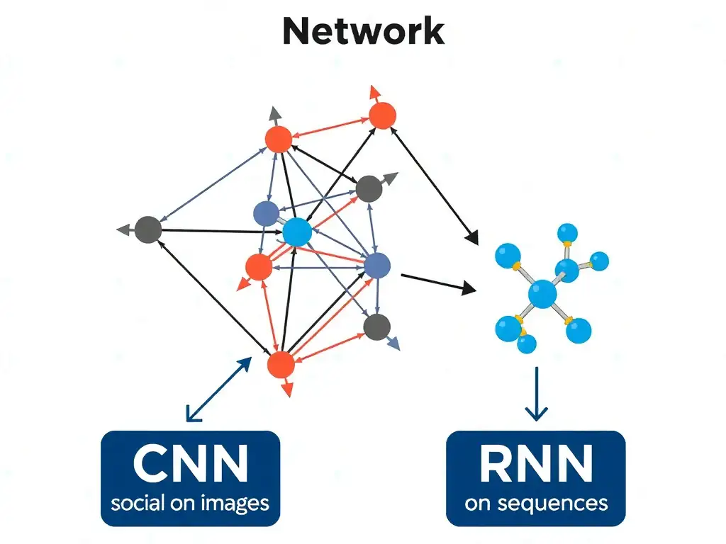 Graph neural network concept: nodes and edges with message-passing arrows; example domains social network and molecule; contrast icons for CNN on images and RNN on sequences