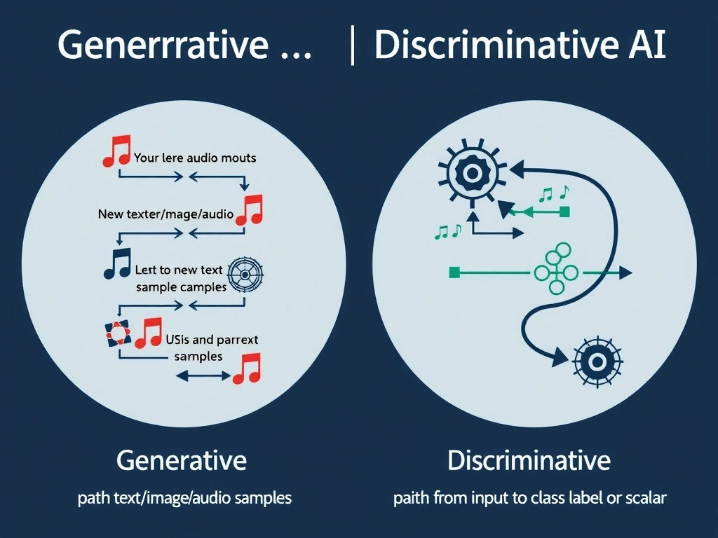 Generative vs discriminative AI: generative path from model to new text/image/audio samples; discriminative path from input to class label or scalar; examples of GenAI modalities
