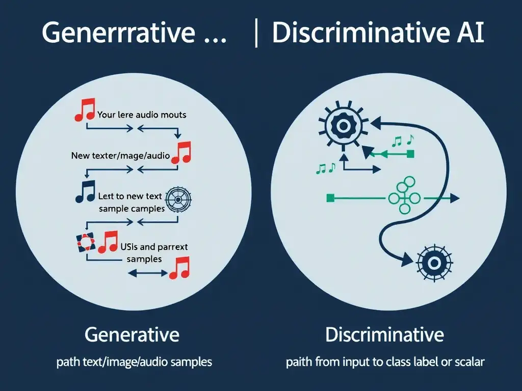Generative vs discriminative AI: generative path from model to new text/image/audio samples; discriminative path from input to class label or scalar; examples of GenAI modalities