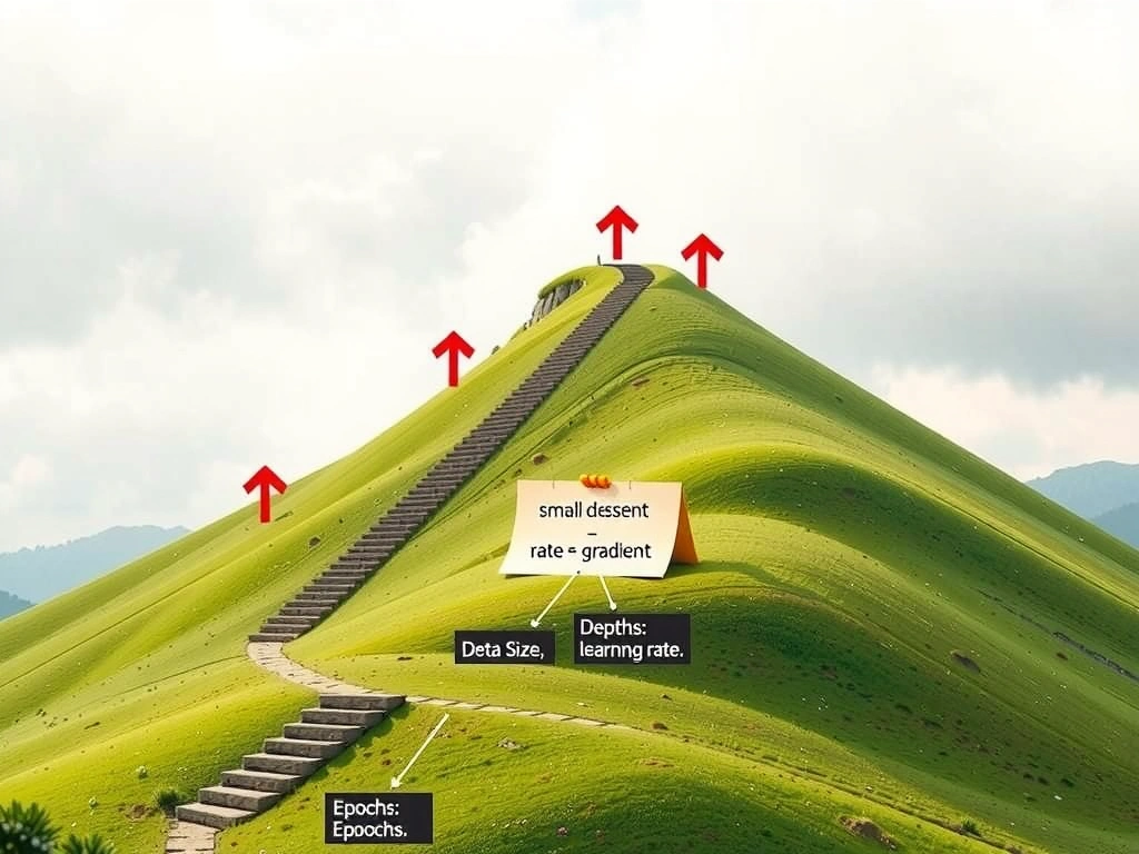 Gradient descent hillside with step arrows: small vs large learning rate; formula-style note update = rate × gradient; separate icons for dataset size, depth, epochs marked as not learning rate