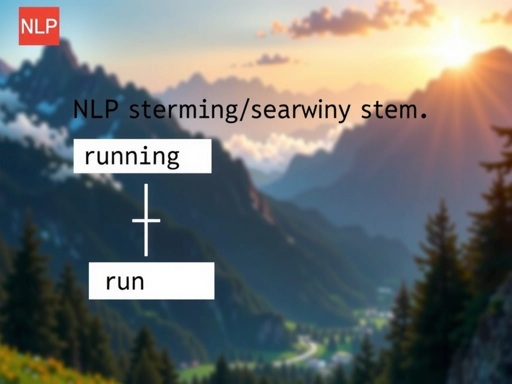 NLP stemming: examples running/runs/ran → run stem; contrast boxes for stop-word removal, lemmatization to dictionary form, and semantic synonym grouping