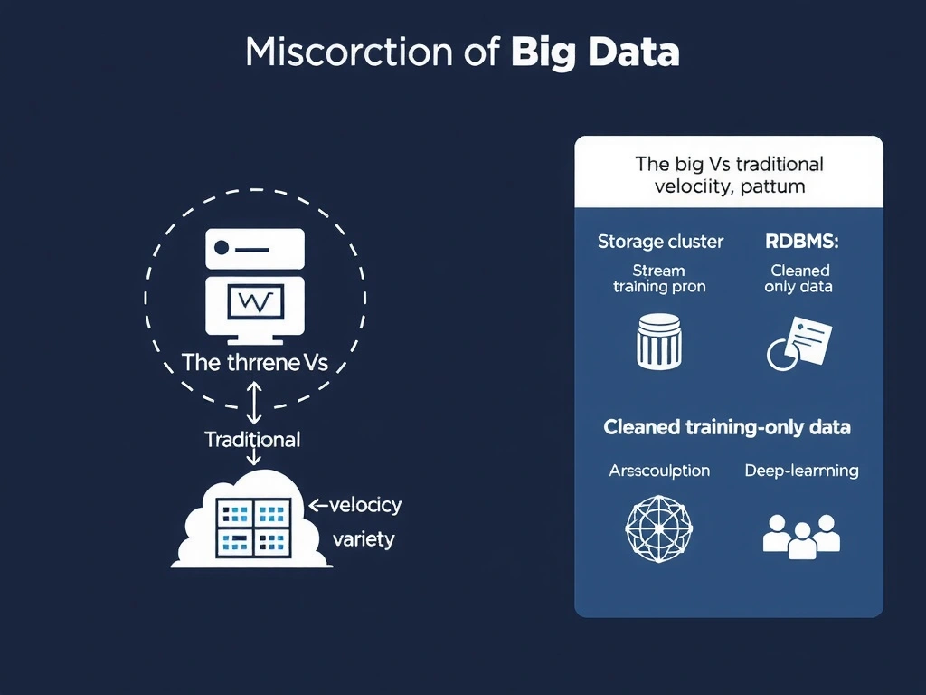 Concept diagram of Big Data: the three Vs (volume, velocity, variety) overflowing a traditional single-server/database icon into a distributed pipeline (storage cluster, stream processing, analytics). Contrast panel showing misconceptions: one big RDBMS, cleaned training-only data, deep-learning-only labels.