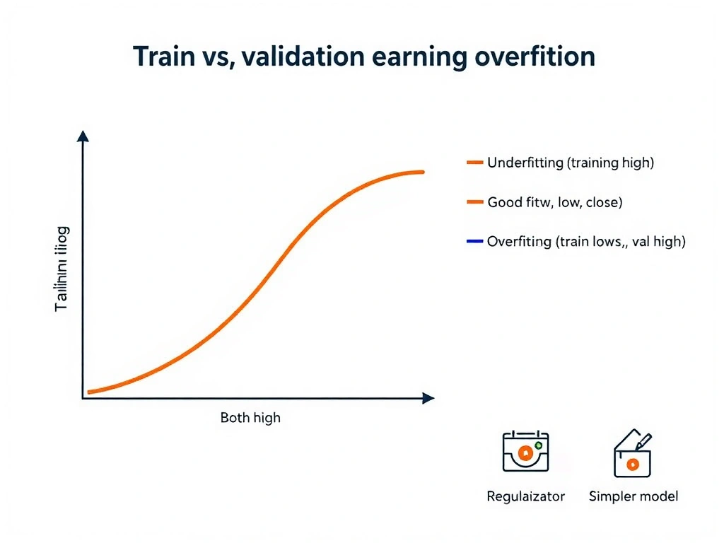 Train vs validation learning curves showing overfitting: training error falling while validation error rises. Side comparison of underfitting (both high), good fit (both low, close), overfitting (train low, val high). Icons for remedies: more data, regularization, early stopping, simpler model.