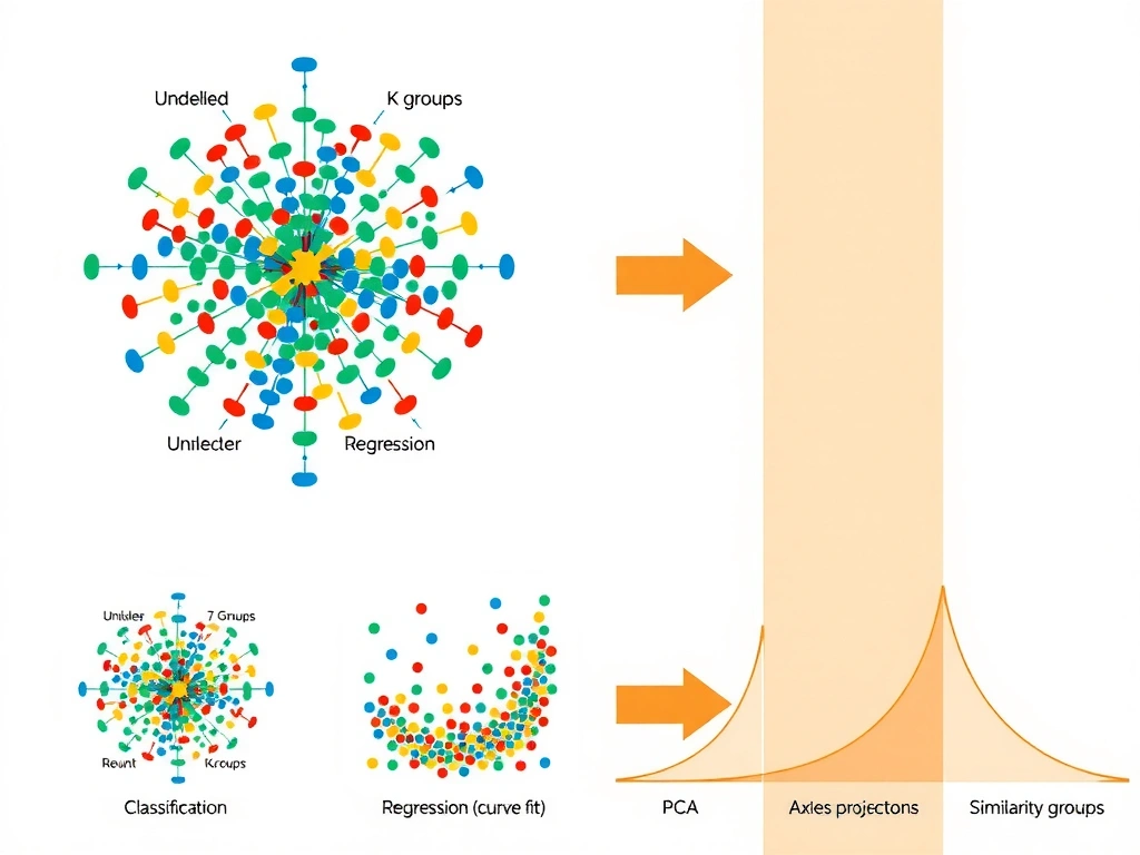 Unsupervised clustering illustration: scatter plot of unlabeled points colored into k groups around centroids with arrows for assign/update steps. Comparison strip: classification (labeled arrows), regression (curve fit), PCA (axes projection) vs clustering (similarity groups).