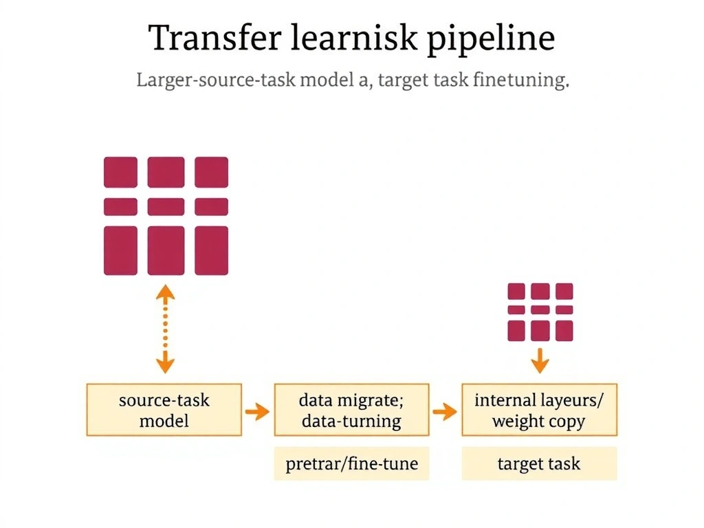 Transfer learning pipeline: large source-task model icon feeding into a smaller target-task fine-tuning stage with limited labels. Contrast panels for train-from-scratch, data migration, and internal layer weight copy. Labels: pretrain, freeze/fine-tune, target task.