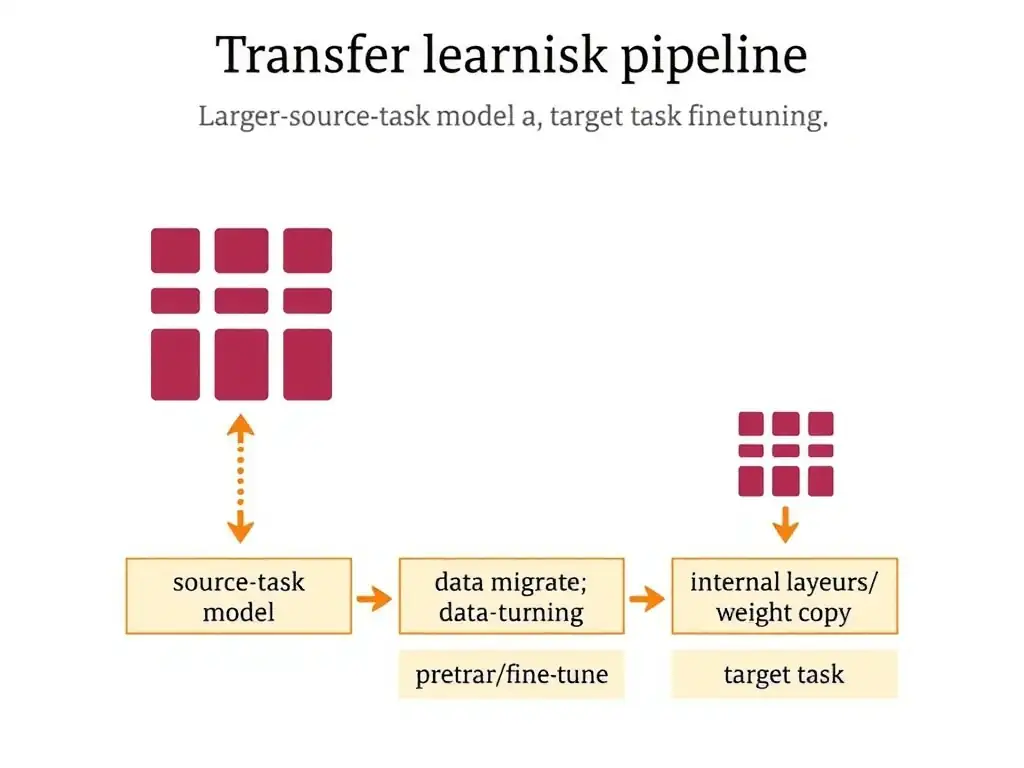 Transfer learning pipeline: large source-task model icon feeding into a smaller target-task fine-tuning stage with limited labels. Contrast panels for train-from-scratch, data migration, and internal layer weight copy. Labels: pretrain, freeze/fine-tune, target task.