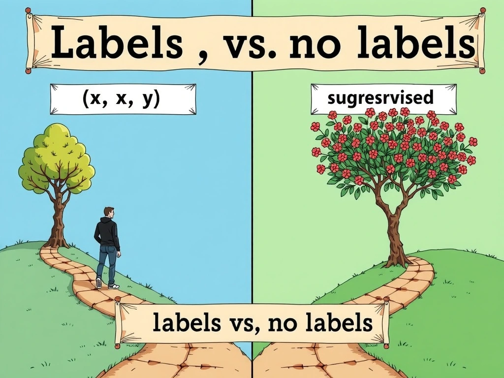 Side-by-side: supervised path with (x, y) labeled pairs feeding a classifier/regressor; unsupervised path with unlabeled x points forming clusters. Cross-out misconceptions: compute cost, regression-only, structured-vs-unstructured. Clear "labels vs no labels" banner.