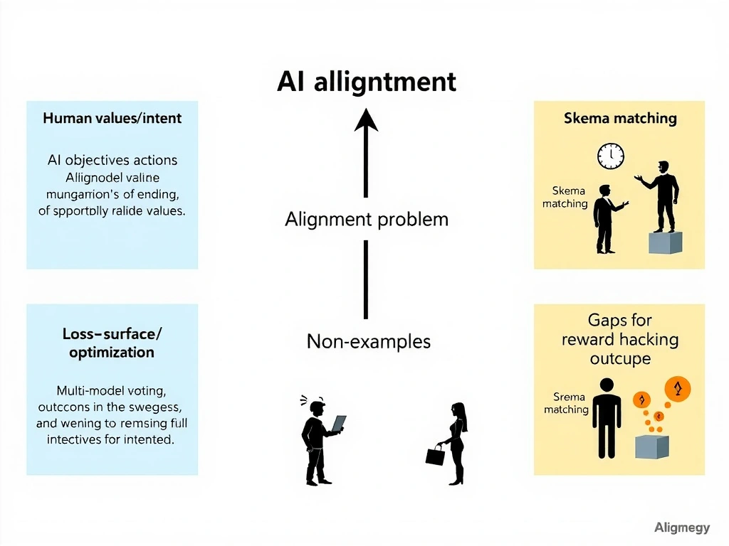 AI alignment concept map: human values/intent arrow toward AI objectives/actions, with a gap labeled "alignment problem." Side panels of non-examples: loss-surface optimization, multi-model voting, schema matching. Icons for reward hacking vs intended outcome.