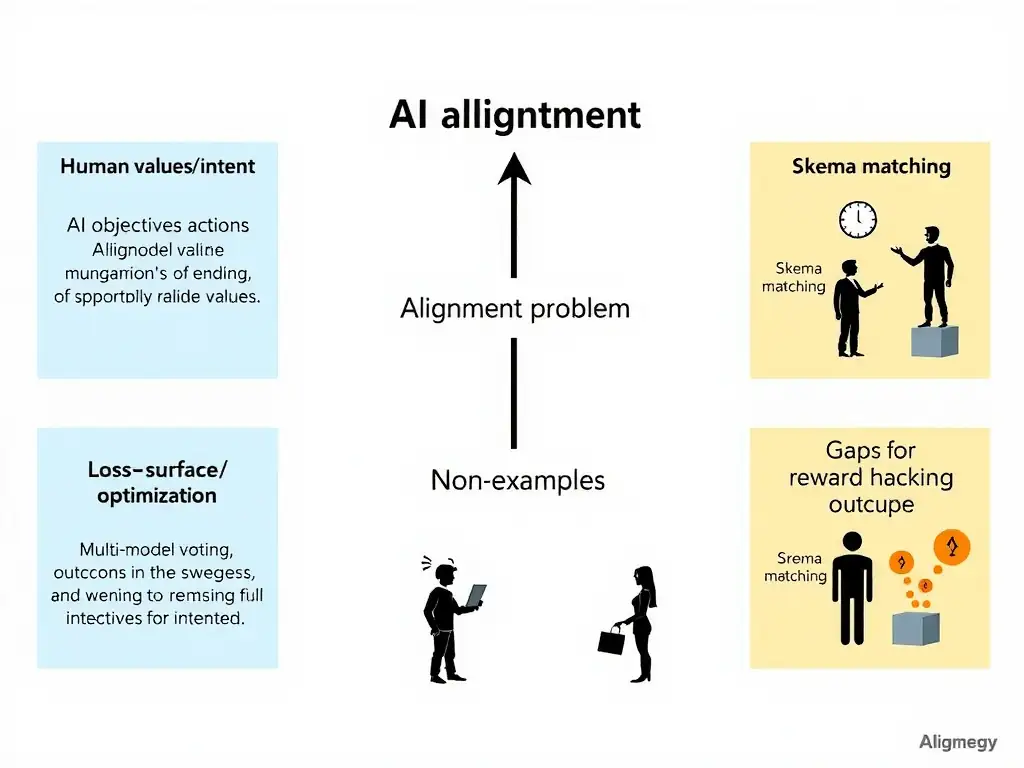 AI alignment concept map: human values/intent arrow toward AI objectives/actions, with a gap labeled "alignment problem." Side panels of non-examples: loss-surface optimization, multi-model voting, schema matching. Icons for reward hacking vs intended outcome.
