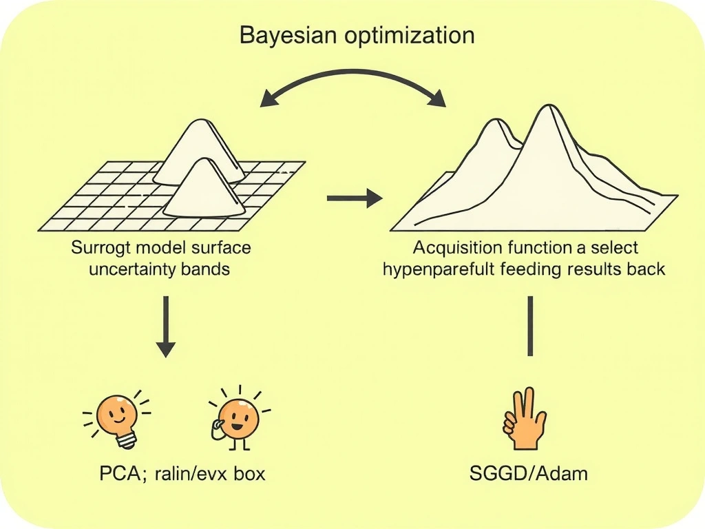Bayesian optimization loop: surrogate model surface with uncertainty bands, acquisition function peaks selecting next hyperparameter trial, expensive train/eval box feeding results back. Contrast icons for PCA, SGD/Adam weight updates, and "perfect accuracy" myth crossed out.