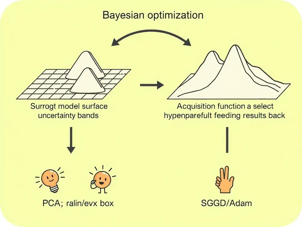 Bayesian optimization loop: surrogate model surface with uncertainty bands, acquisition function peaks selecting next hyperparameter trial, expensive train/eval box feeding results back. Contrast icons for PCA, SGD/Adam weight updates, and "perfect accuracy" myth crossed out.