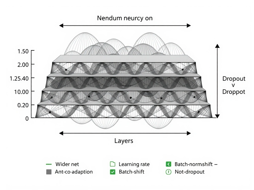Neural net layer diagram with random neurons grayed out (dropout on) vs full activation at inference; label regularization / anti-co-adaptation. Small contrast icons: wider net, learning-rate dial, batch-norm scale/shift—not dropout.