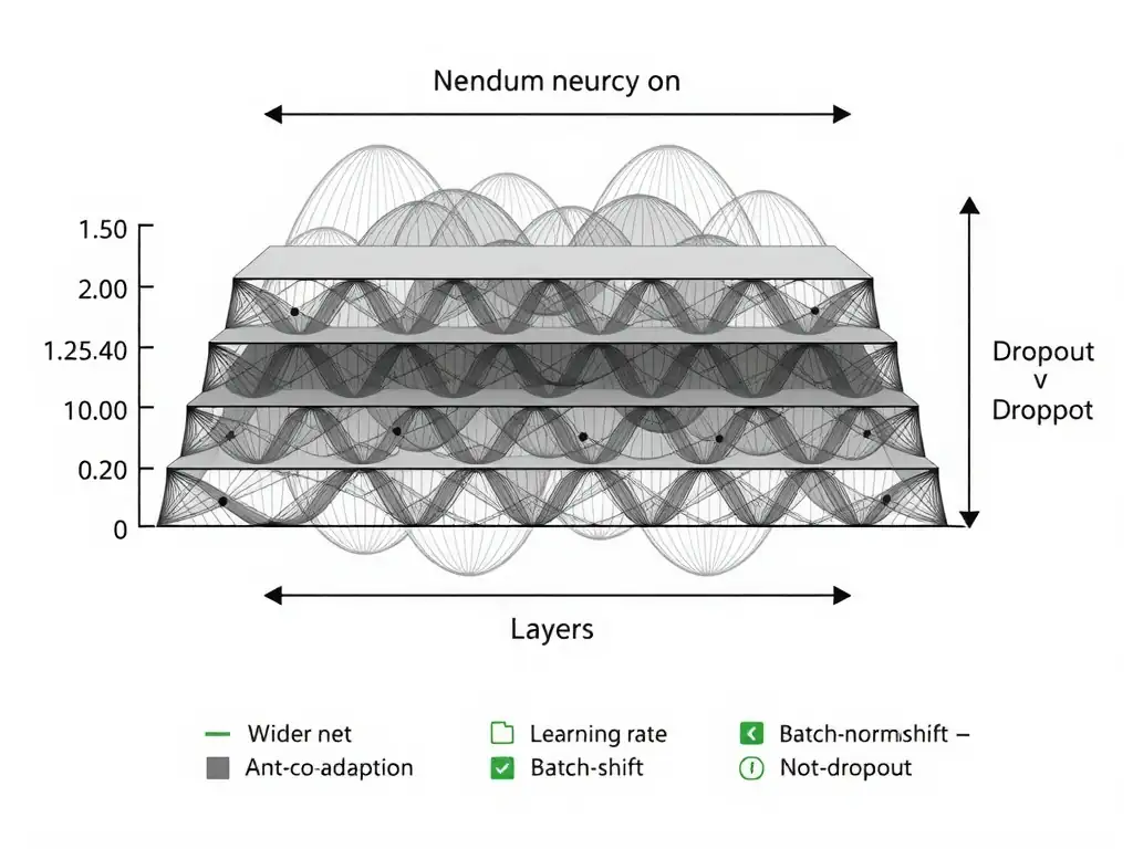 Neural net layer diagram with random neurons grayed out (dropout on) vs full activation at inference; label regularization / anti-co-adaptation. Small contrast icons: wider net, learning-rate dial, batch-norm scale/shift—not dropout.