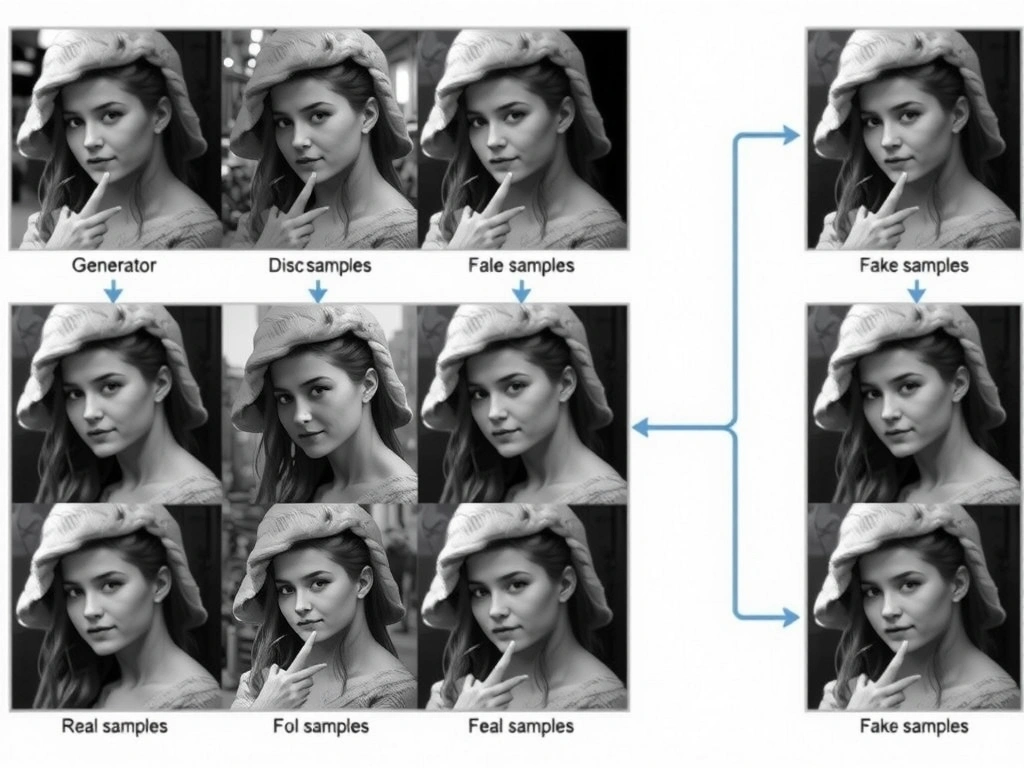 GAN architecture: generator from noise to fake samples, discriminator scoring real vs fake, feedback loop. Gallery of synthesized realistic instances. Crossed-out side notes for feature importance, classification-as-goal, clustering-only.