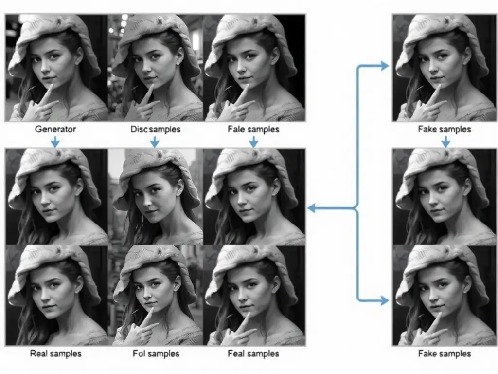 GAN architecture: generator from noise to fake samples, discriminator scoring real vs fake, feedback loop. Gallery of synthesized realistic instances. Crossed-out side notes for feature importance, classification-as-goal, clustering-only.