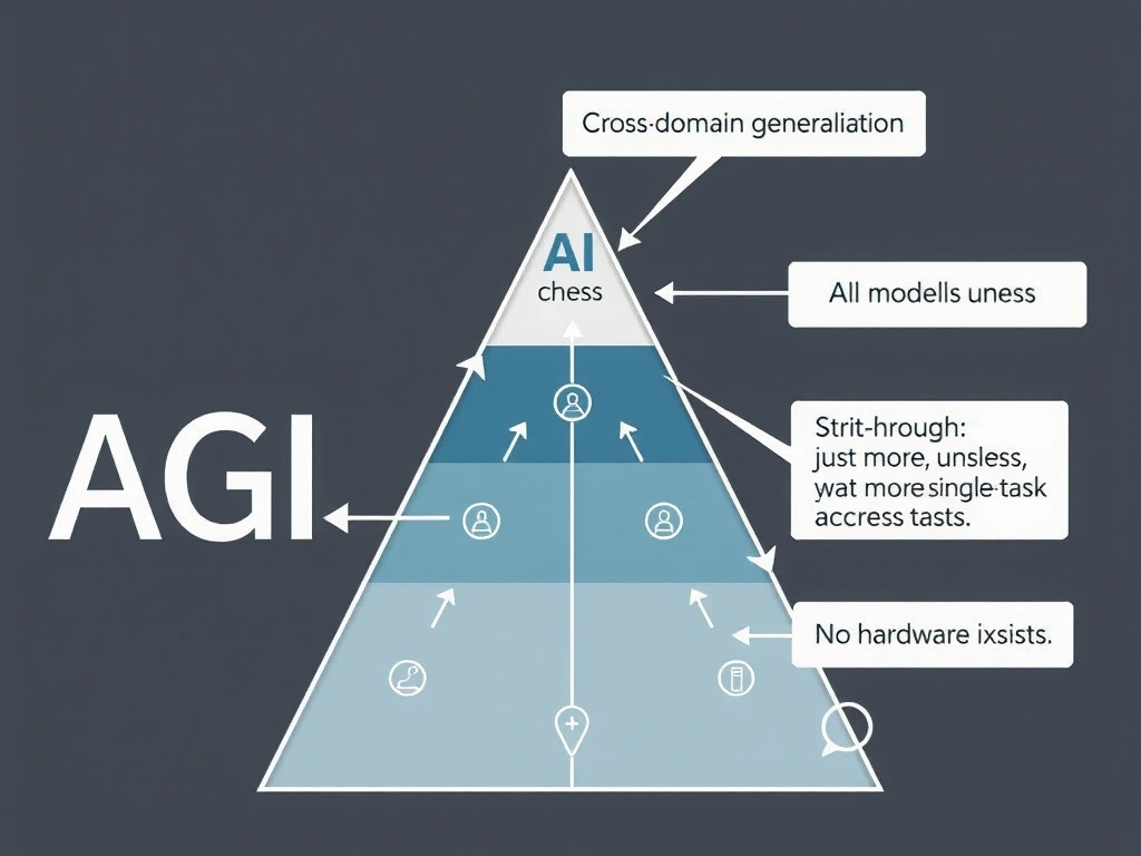 Spectrum from narrow AI (single-task icons: chess, speech, vision) to AGI (multi-domain hub with transfer arrows across tasks). Highlight core challenge: cross-domain generalization. Strike-throughs for "all models useless," "just more single-task data," "no hardware exists."