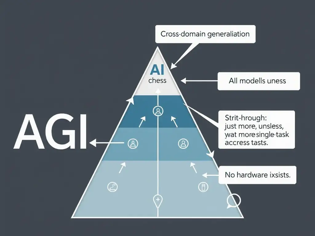 Spectrum from narrow AI (single-task icons: chess, speech, vision) to AGI (multi-domain hub with transfer arrows across tasks). Highlight core challenge: cross-domain generalization. Strike-throughs for "all models useless," "just more single-task data," "no hardware exists."