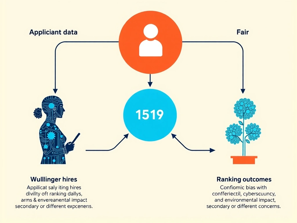 Recruitment AI ethics: applicant data and historical hires flowing into a ranking model; path splitting into fair vs biased outcomes; callouts contrasting algorithmic bias with confidentiality, cybersecurity, and environmental impact as secondary or different concerns.