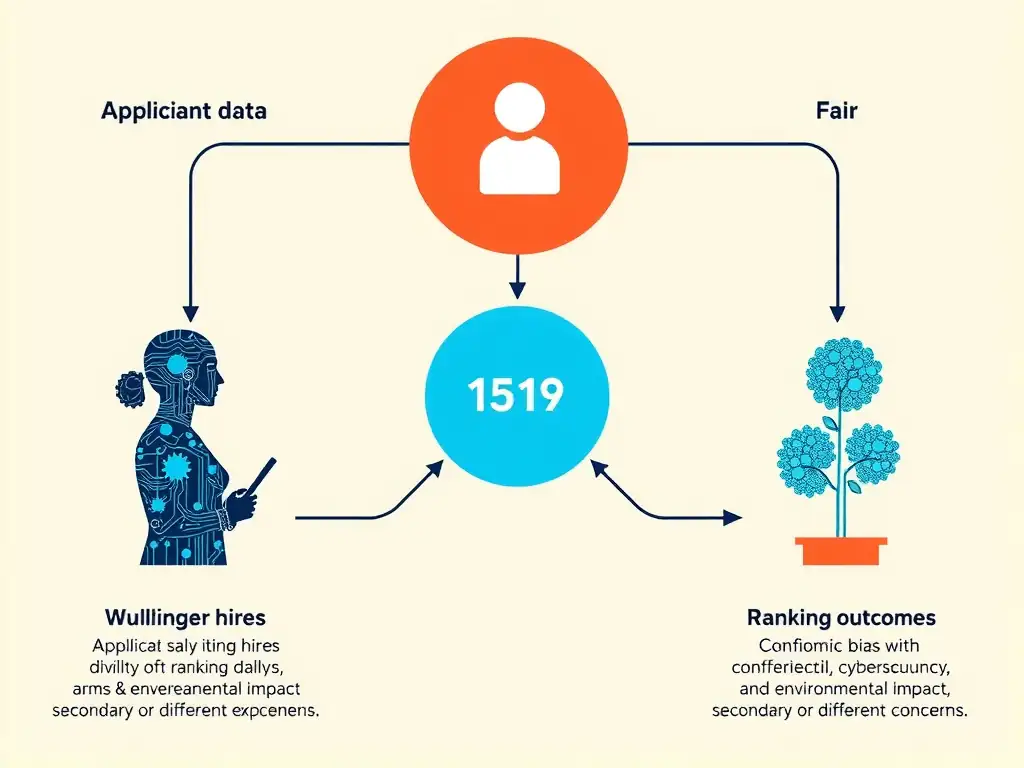 Recruitment AI ethics: applicant data and historical hires flowing into a ranking model; path splitting into fair vs biased outcomes; callouts contrasting algorithmic bias with confidentiality, cybersecurity, and environmental impact as secondary or different concerns.