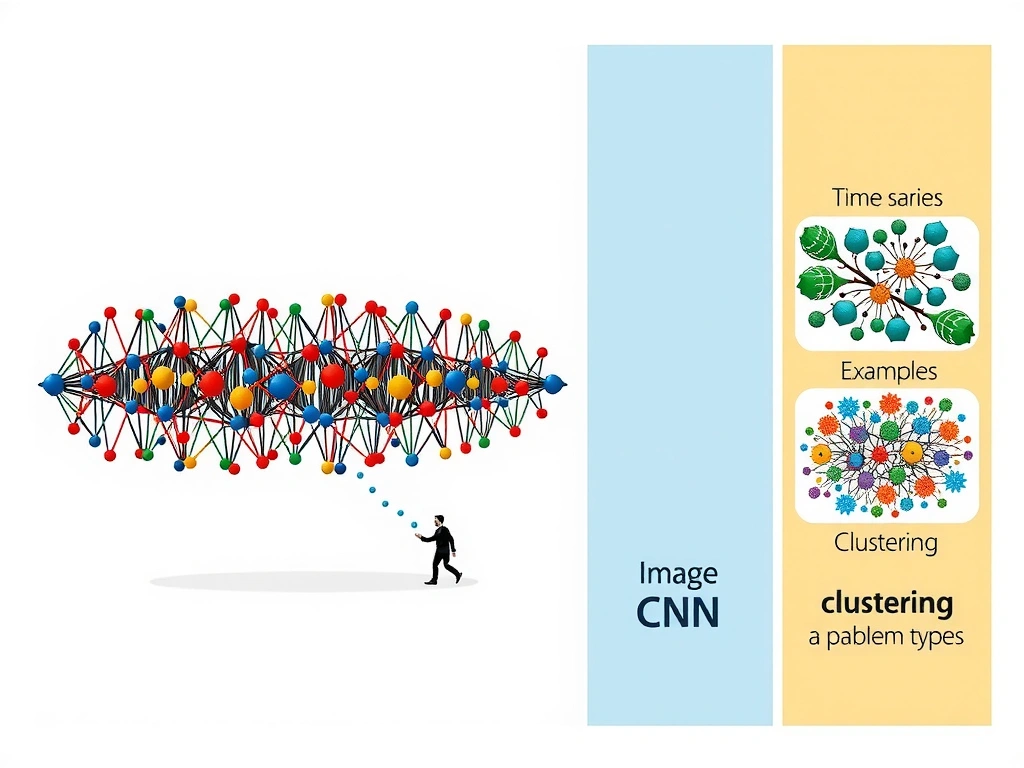 RNN as a chain of cells with hidden state flowing through time; examples labeled time series and language tokens; side panels marking RL, image CNNs, and clustering as different problem types.