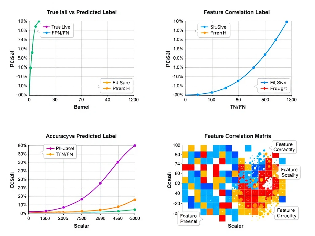 Binary and multi-class confusion matrix tables with axes true label vs predicted label; callouts for TP/FP/TN/FN; contrast panels for loss curve, accuracy scalar, and feature correlation heatmap.