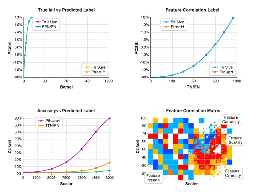 Binary and multi-class confusion matrix tables with axes true label vs predicted label; callouts for TP/FP/TN/FN; contrast panels for loss curve, accuracy scalar, and feature correlation heatmap.