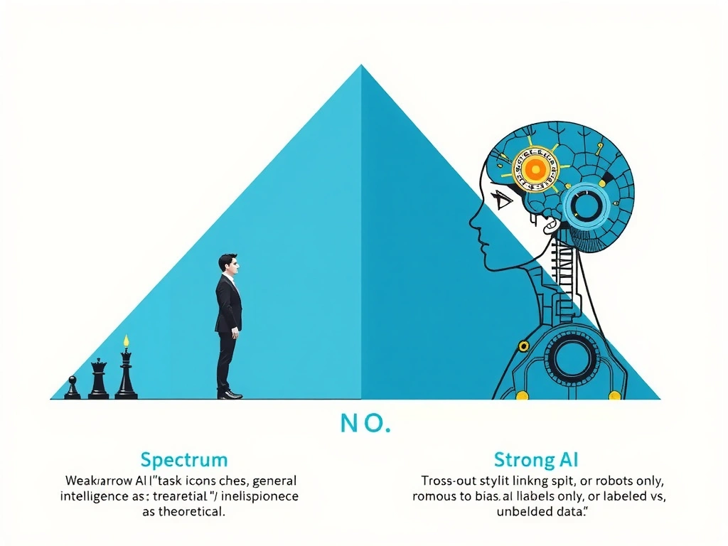 Spectrum from weak/narrow AI (task icons: chess, translation, vision) to strong AI (general intelligence / consciousness as theoretical); crossed-out myths linking the split to bias, robots-only, or labeled vs unlabeled data.