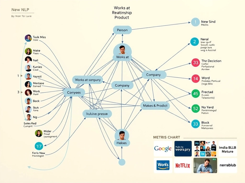 Entity-relationship knowledge graph with labeled nodes and edges (person–worksat–company–makes–product); side myths crossed out: neural NLP block, metrics chart, media blob store.