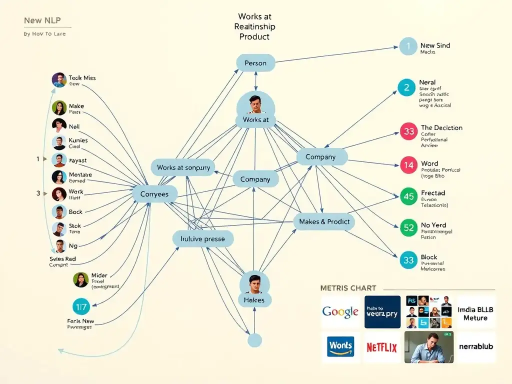 Entity-relationship knowledge graph with labeled nodes and edges (person–worksat–company–makes–product); side myths crossed out: neural NLP block, metrics chart, media blob store.