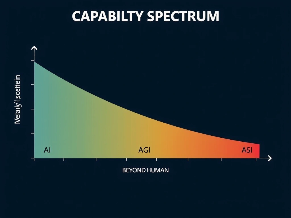 Capability spectrum: narrow/weak AI (single-task icons: chess, driving, speech) vs AGI (multi-domain human-level) vs ASI (beyond human); emphasis that most deployed systems sit in narrow AI.
