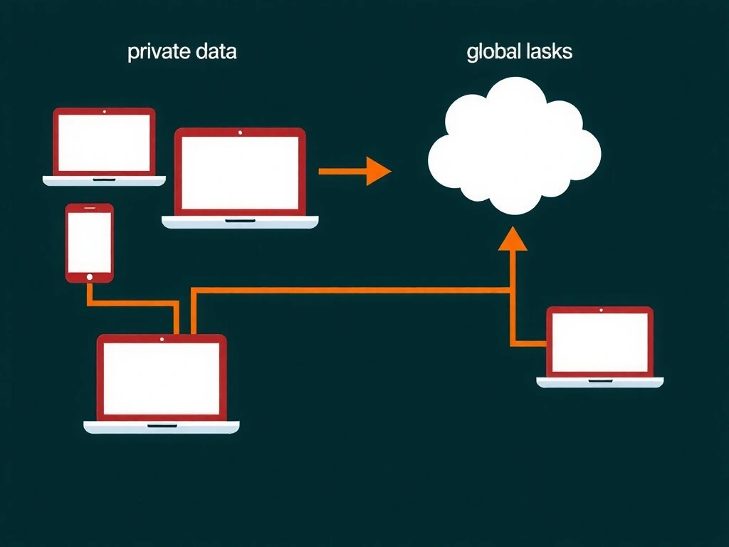 Multiple edge devices holding private data, sending model weight updates to a central aggregator that returns an improved global model; contrast with centralized raw-data lake and with transfer-learning arrow between tasks.