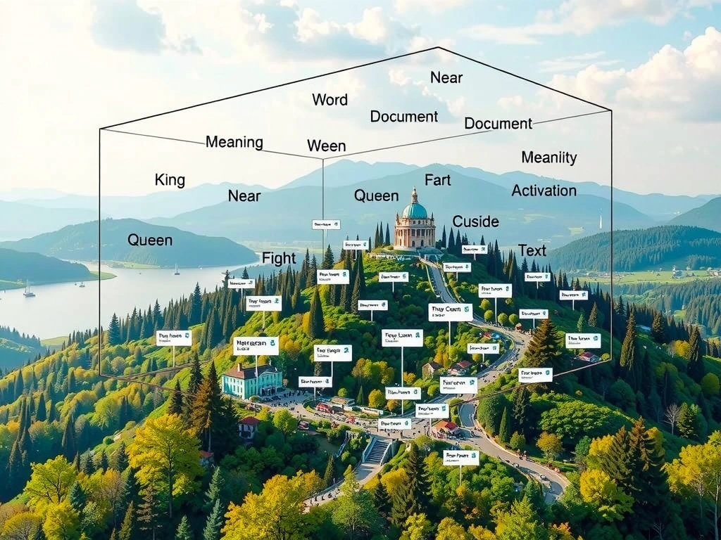 2D projection of embedding space with word/document points clustered by meaning (king/queen near, unrelated terms far); contrast icons for activation functions, feature-count reduction, and text-cleaning pipeline.